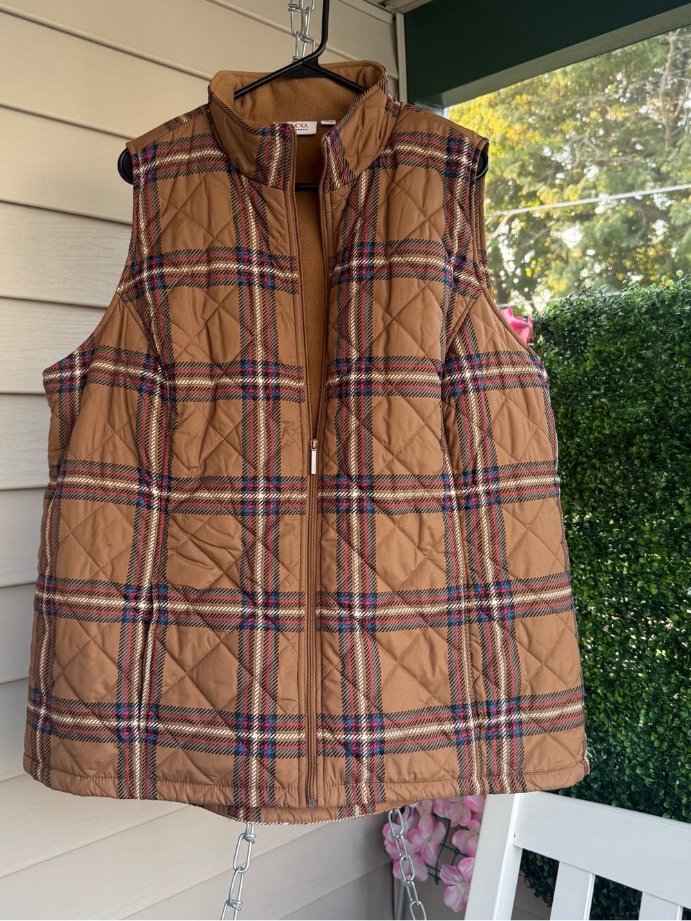 Denim & Co Womens 2X Brown Plaid Quilted Fleece Lined Full Zip Vest
